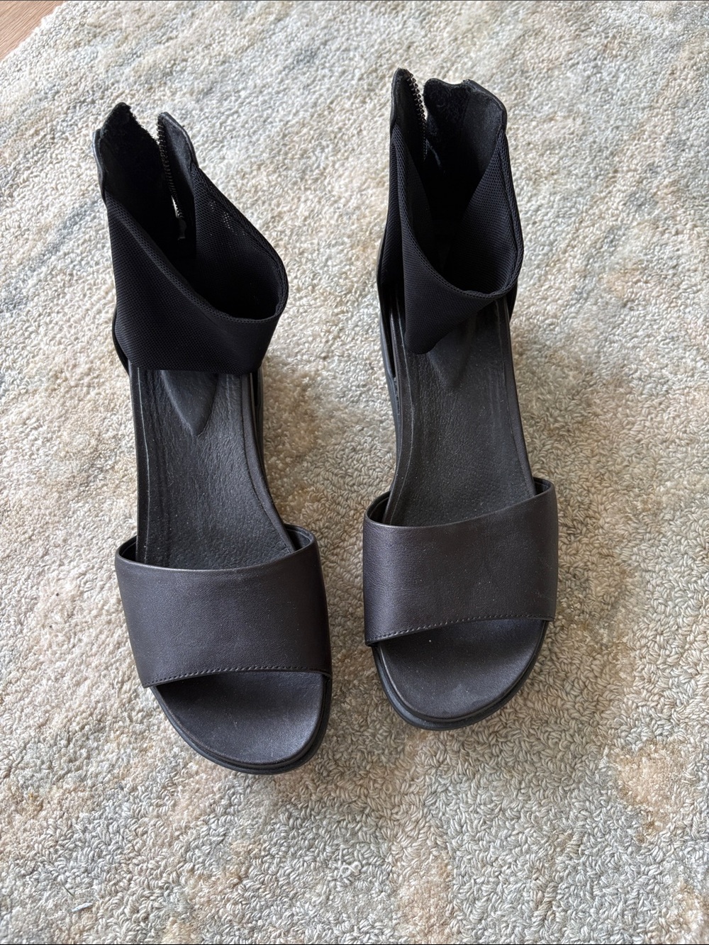 Eileen Fisher Black Leather Ankle-Wrap Wedges